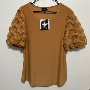 Antthony Original Womens Puff Crochet Sleeve Top Size L Mustard Yellow Boho